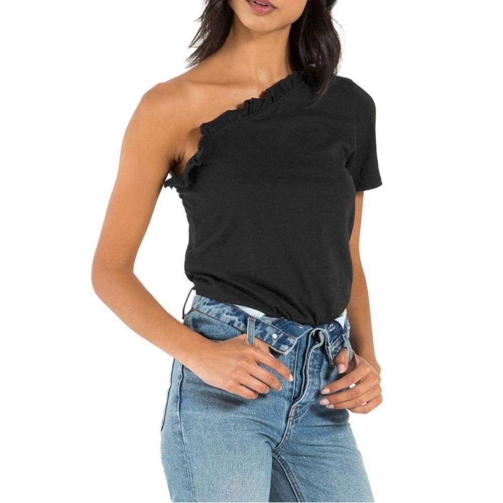 n:PHILANTHROPY One Shoulder Ruffle Trim Black Bodysuit NWT Size M